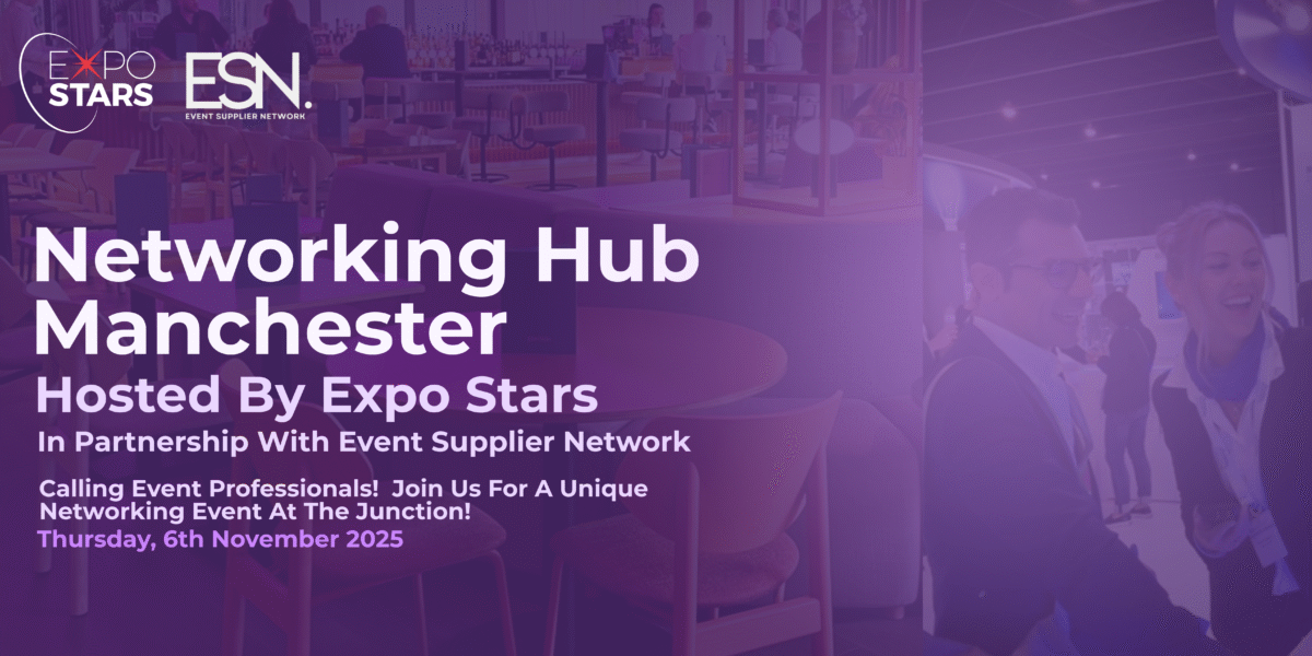 Networking Hub Manchester banner. It is purple with images of two people faded to the right. It also featured the Expo Stars and ESN logo in the top left.